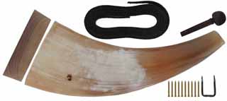 Flat Powder Horn Kit,
large, polished, unfinished,
includes; horn, base, stopper, strap,
staple, nails, and instructions, ready to assemble